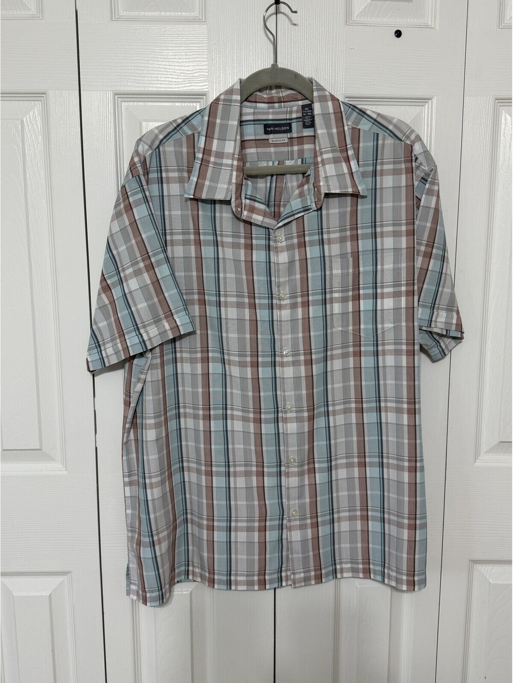 Van Heusen Shirt Mens 2XL Multicolor Plaid Short Sleeve Button Up Classic Fit